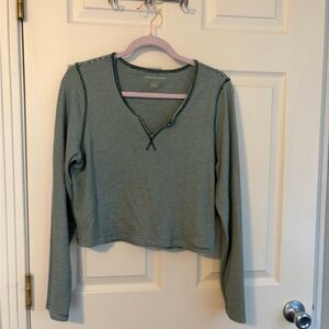 American Eagle Cropped Long Sleeve Top Green White Striped XL Stretch V-Neck